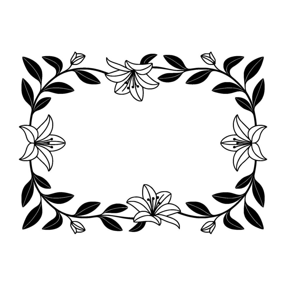 Elegant Floral Frame Lily and Leaf Border on White. vector