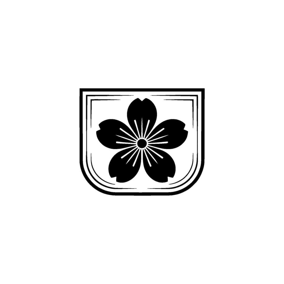 Minimalist Japanese Sakura Flower Crest, Black on White. vector