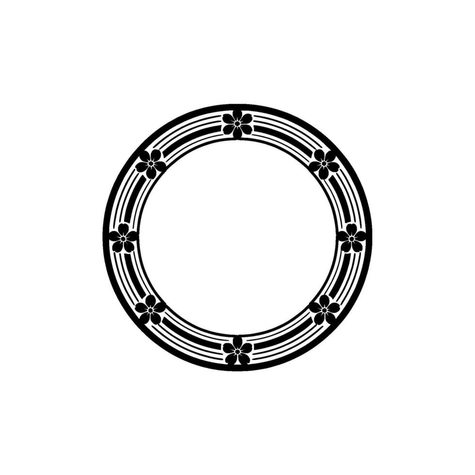 Black White Floral Circle Ornament, Minimalist. vector