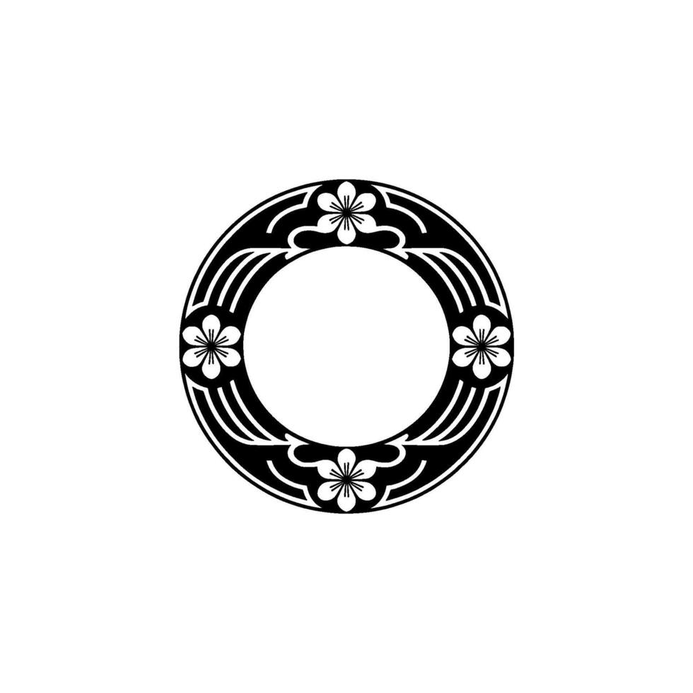 Floral Circle Frame, Black White, Minimalist , Asian-Inspired. vector