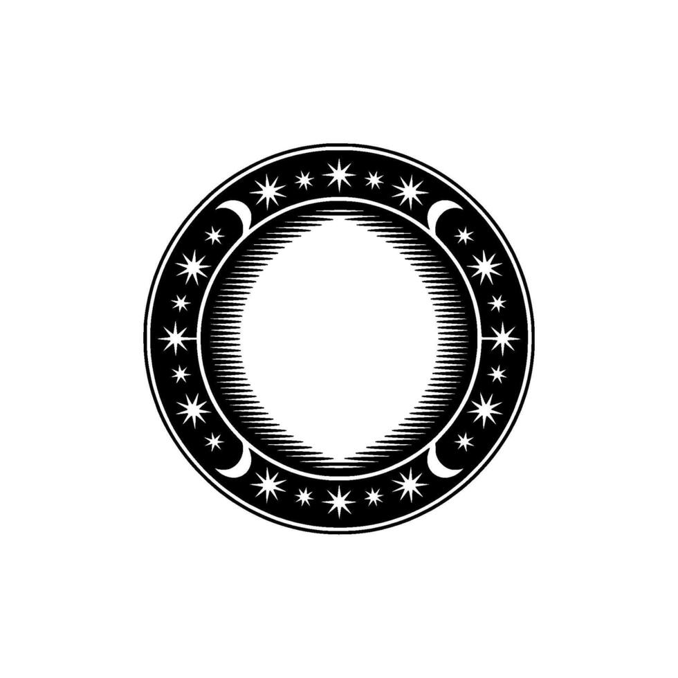 Celestial Circle Stars, Crescent Moons, Engraving Style. vector