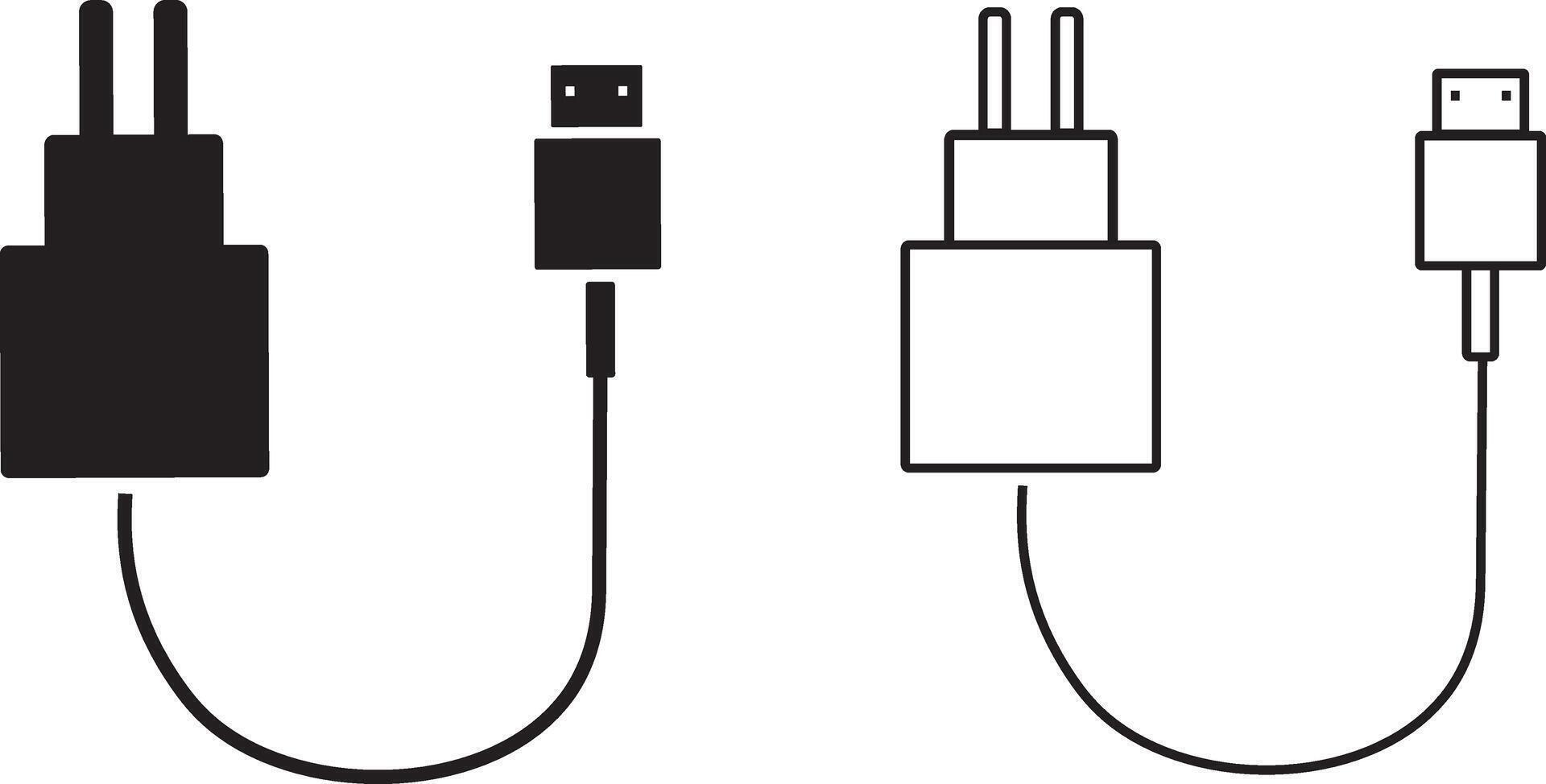 black and white icons symbol. Charger adapter icons symbol, usb charging symbol, charger icon symbol, vector