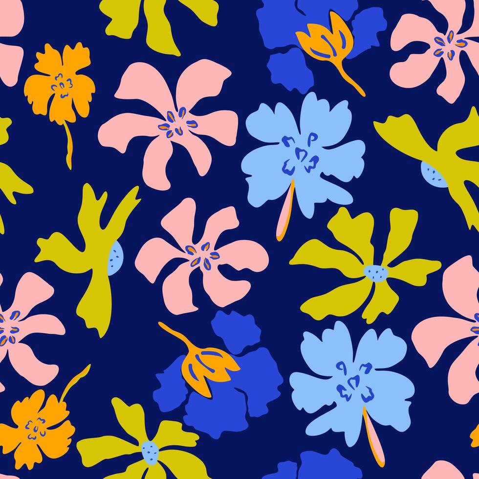 Groovy hand drawn floral pattern, Seamless vibrant stylized flower print for textile, digital paper vector