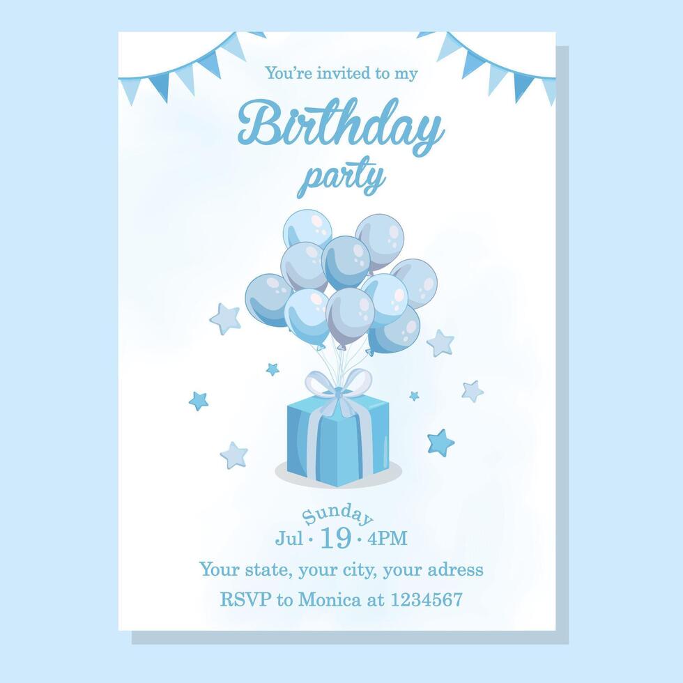 Blue birthday template with cute presents and balloons Happy birthday card vector