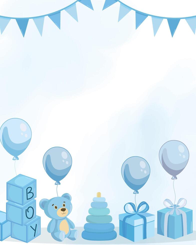 Baby boy shower card with blue flat illustrations in background vector