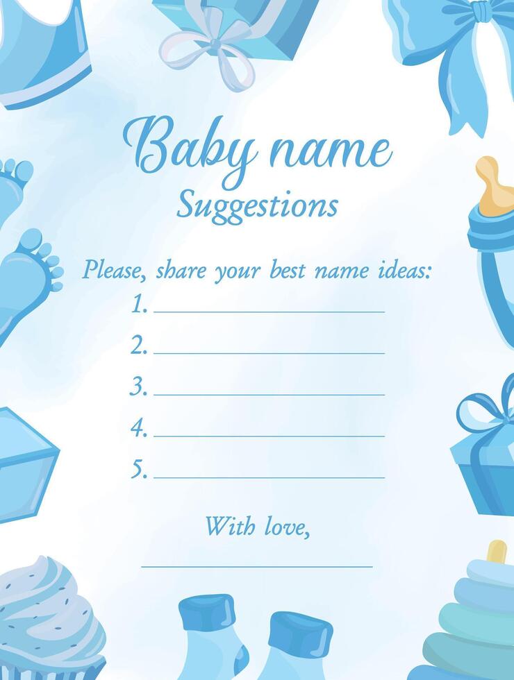 Baby name suggestions for boy template Blue cute illustrations in background vector