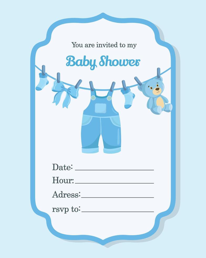 Cute elegant baby shower invitation template with blue boy clothes flat illustrations vector