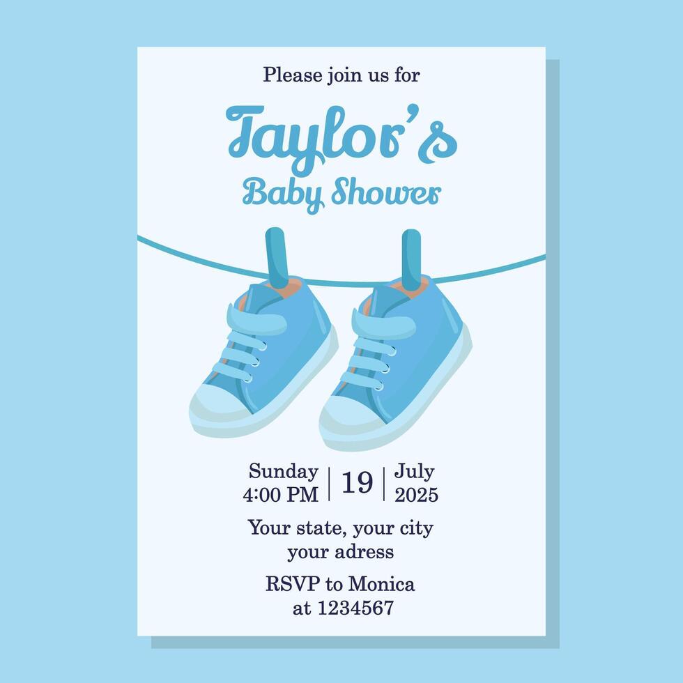 Cute baby shower card with baby boy footwear Blue flat illustrations vector