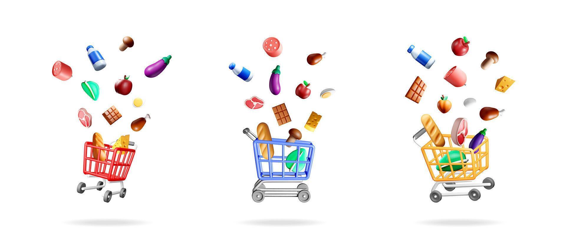 Shopping carts filled with groceries vector