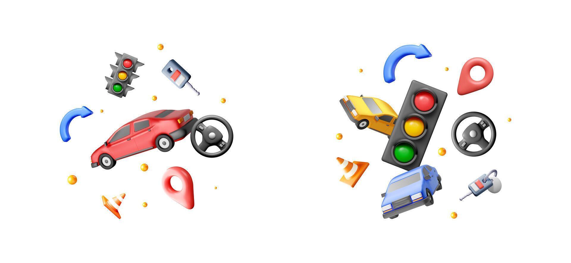 Driving school icons set with car, traffic light, steering wheel, key, and destination pin for education. vector