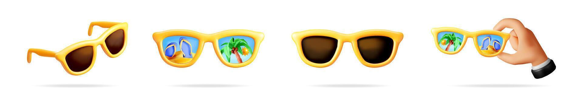 Yellow summer sunglasses set. Sun glasses with palm tree and flip flop reflection. Holiday vacation travel concept 3d illustration. vector