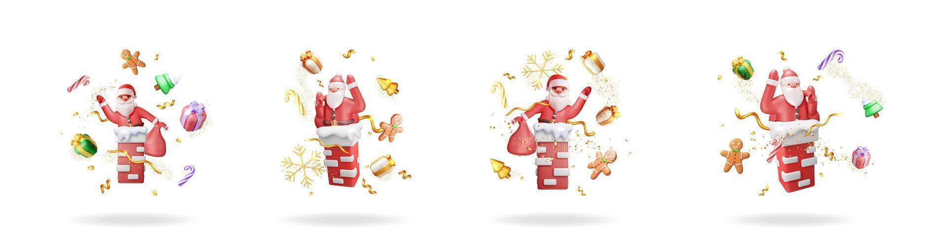 Jolly Santa Claus character descending chimney with gifts and confetti. Holiday season concept for a Merry Christmas greeting card. vector