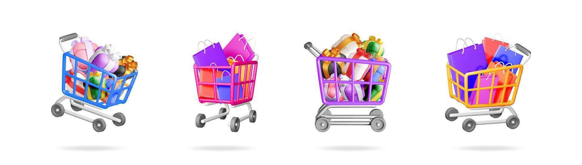 Shopping carts with gifts and bags. Collection of supermarket trolleys full of presents and paper packs for retail concept. vector