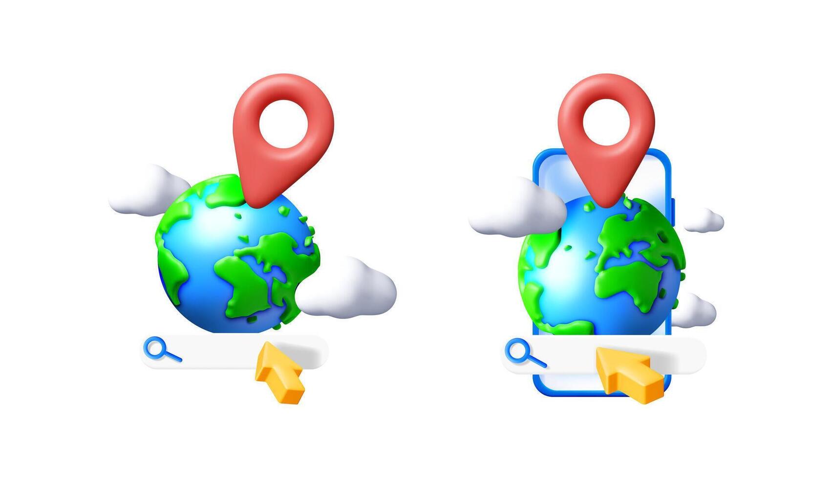 Set of 3d map pin icon and globe with search bar on white background. Travel and location searching web design element. vector