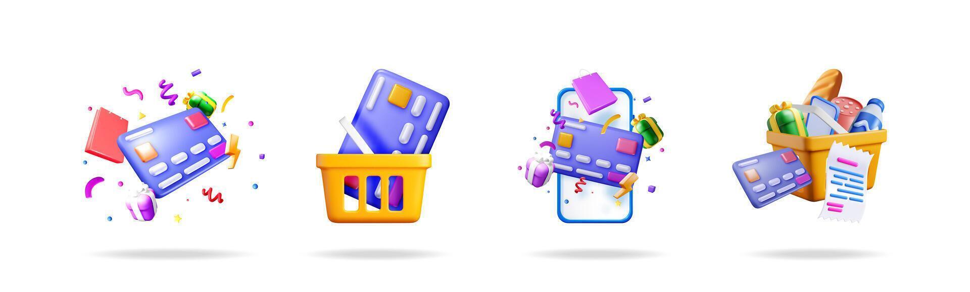 Colorful shopping icons and credit cards vector