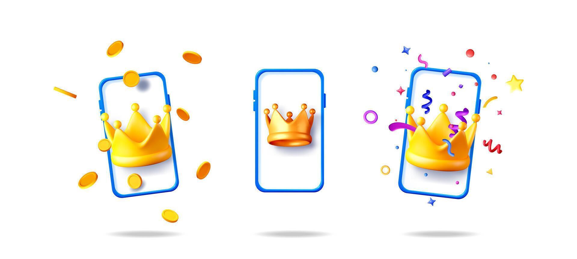 Collection of mobile phone with golden crown, coins, and confetti. Online gaming app. Leaderboard and winner concept for ui, ux. vector