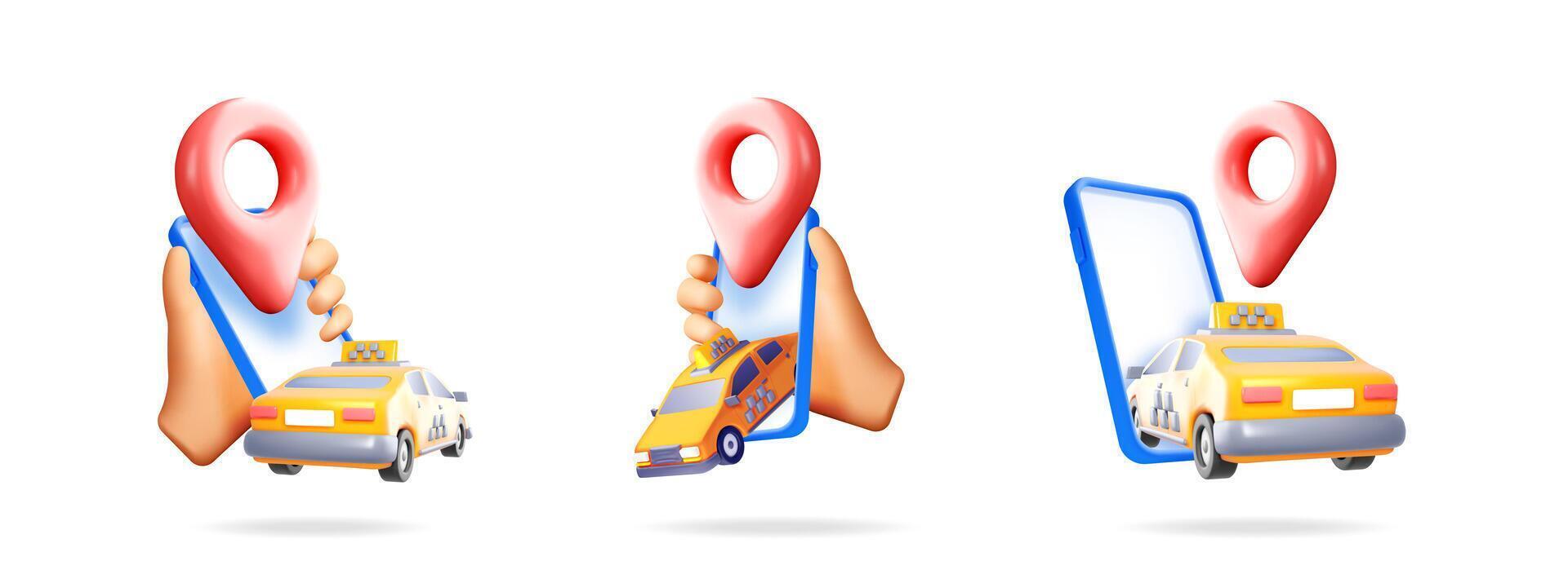 A cartoon hand holds a phone with a red map pin and a yellow taxi on the screen. Online taxi service concept. vector