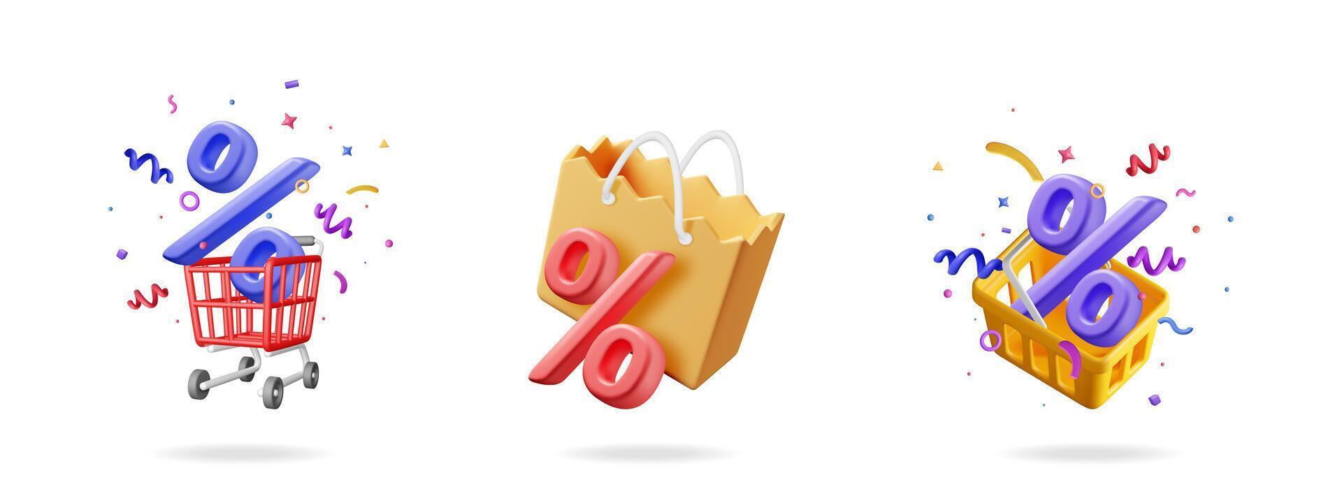 3D render set of percentage sign with shopping cart, bag, and basket. Discount and sale concept for online shopping. vector