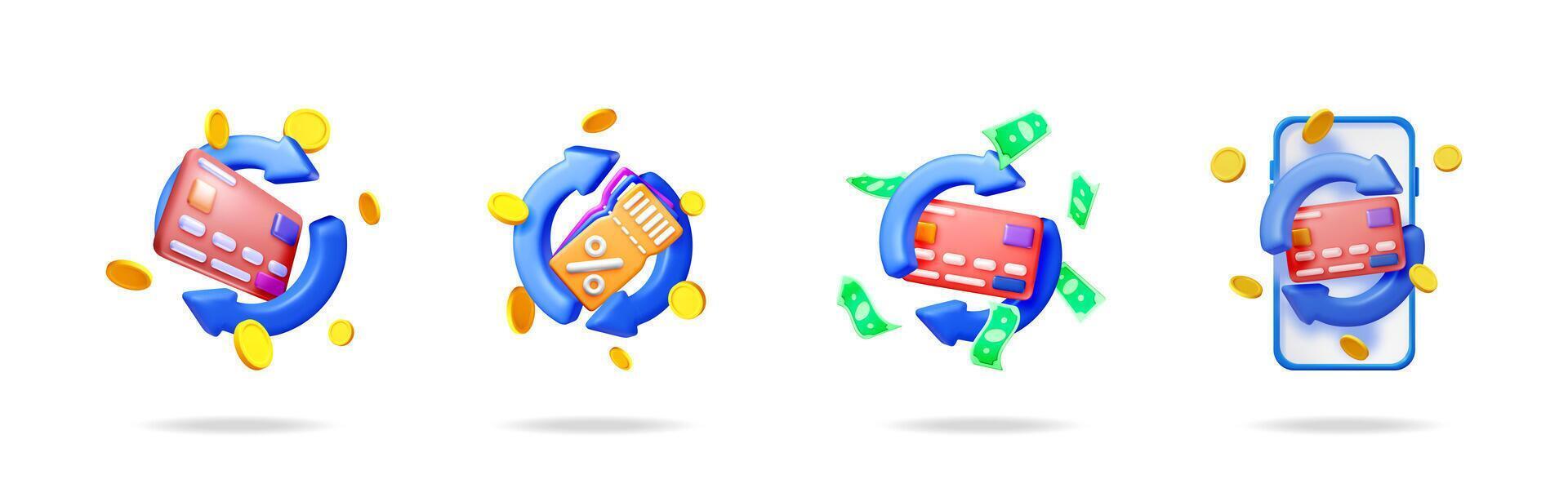 3d plastic set cashback, refund, money back, financial exchange concept. Credit card, mobile phone, cash banknote, coin, voucher icon. Stock set collection. vector