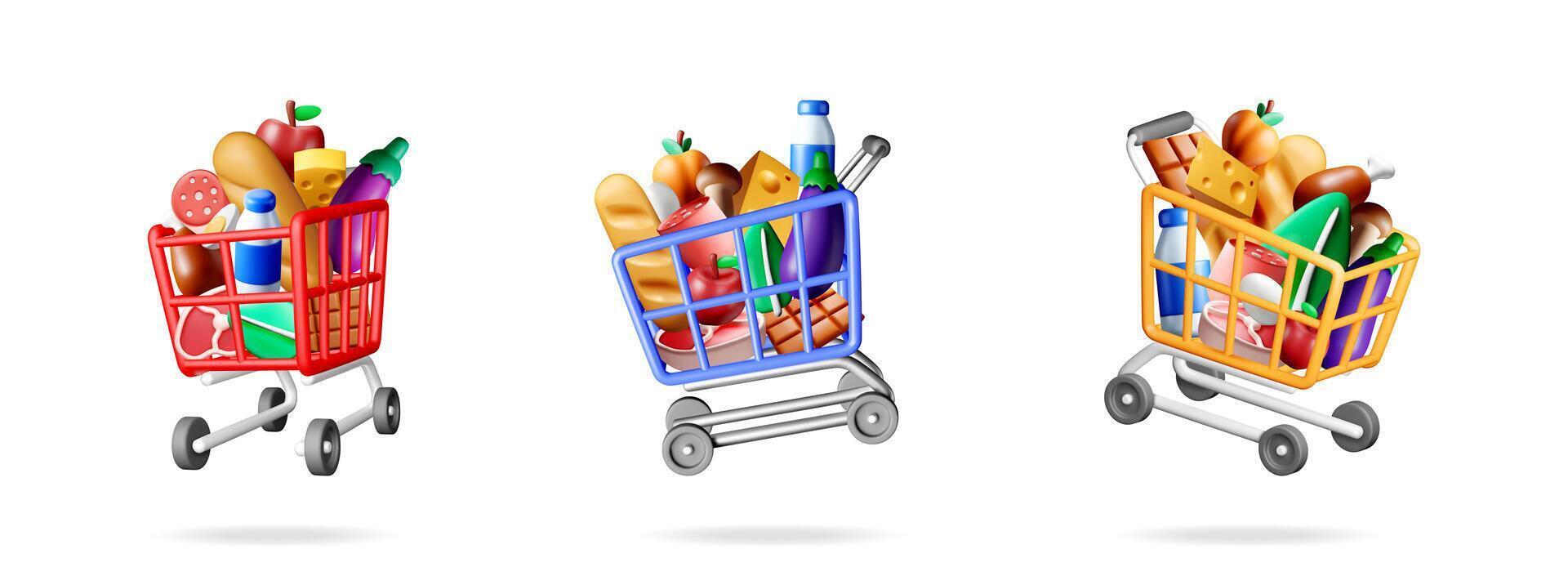 Set of three full shopping cart with grocery items. Food product collection for supermarket concept, online store, and retail. vector