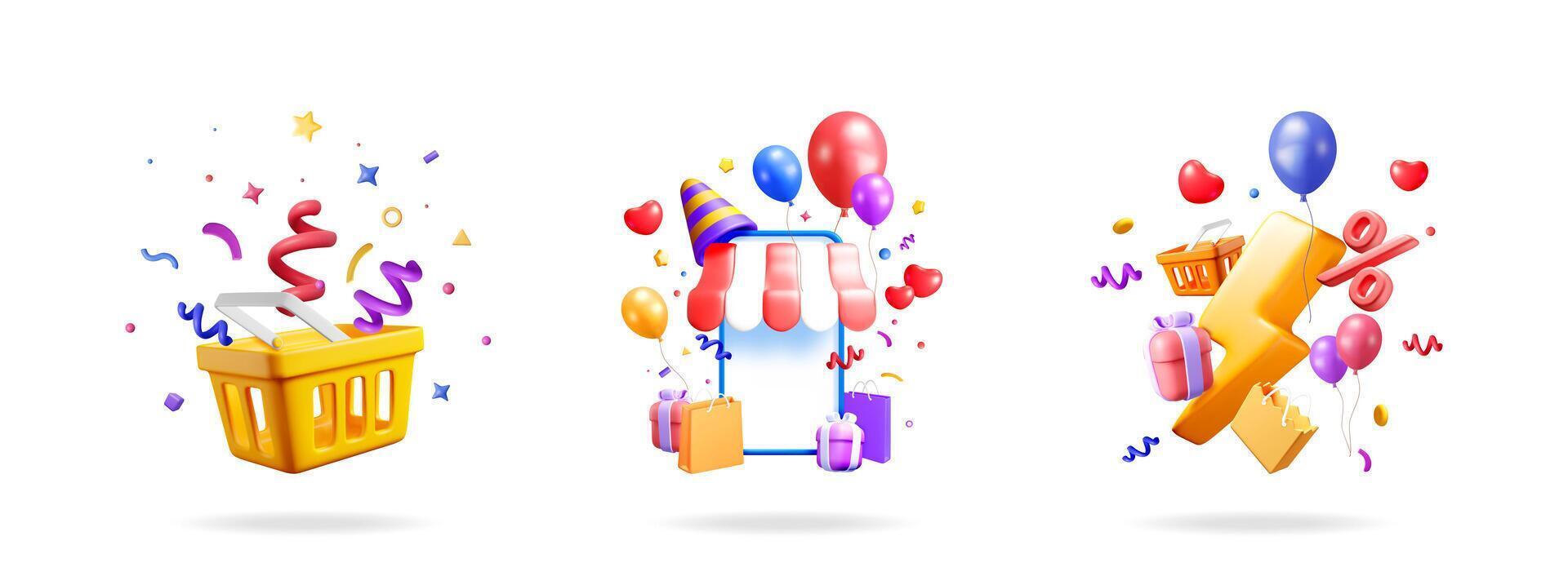 Shopping cart with confetti, online store with party hat, lightning with percent sign. Marketing promotion set. vector