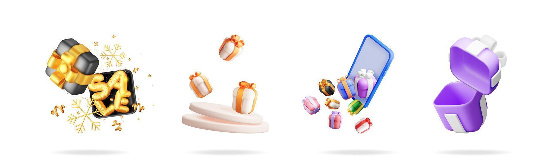 3d render christmas gift box and festive decoration icons set, with mobile device and floating present for holiday celebration. vector