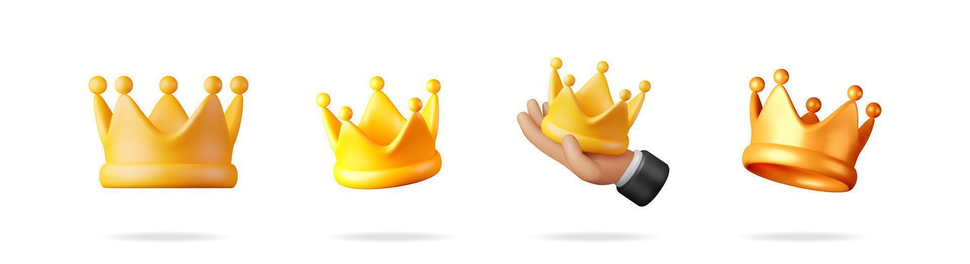 Golden crown collection 3d set. Royalty and success concept. Achievement and winner symbol. Award and prize icon. vector