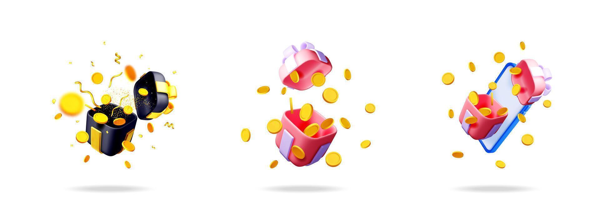 Set of unboxing a gift box with a present and a surprise. Cashback concept with money and coins flying out. Reward, bonus. vector
