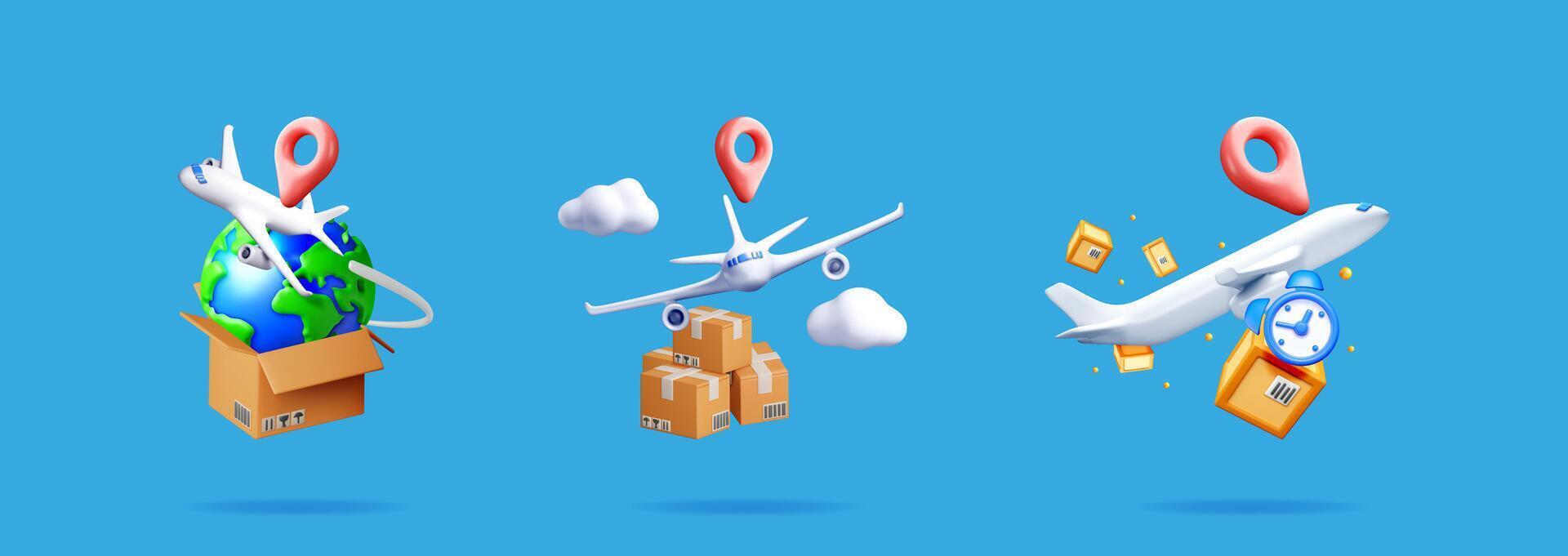 Set of three 3d illustrations portraying global express delivery, fast air cargo, and timely shipping service. vector