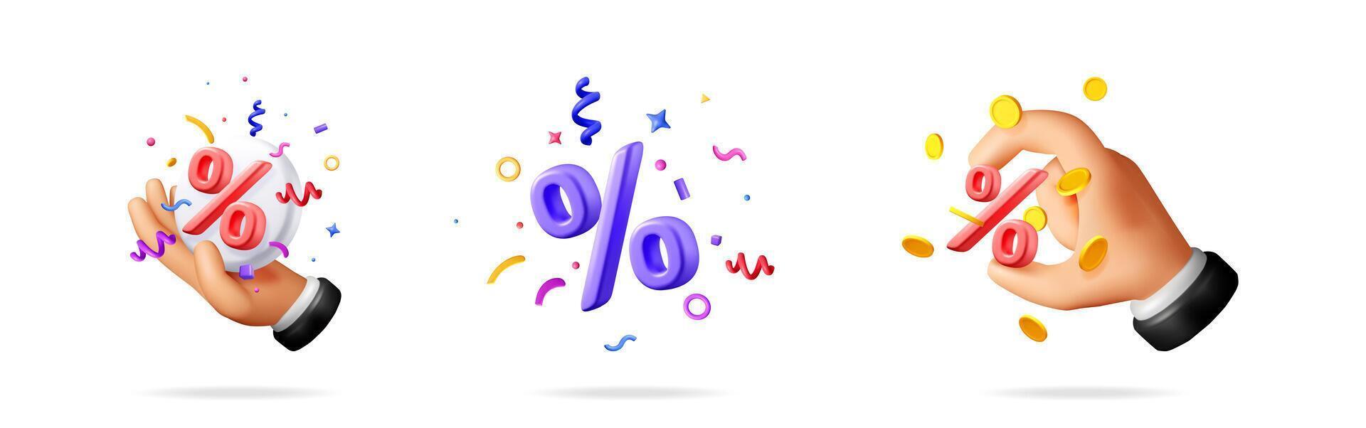 Male hand holding percentage symbol with confetti, percentage sign with confetti, and hand catching percentage sign with coins. Discount and promotion concept. vector