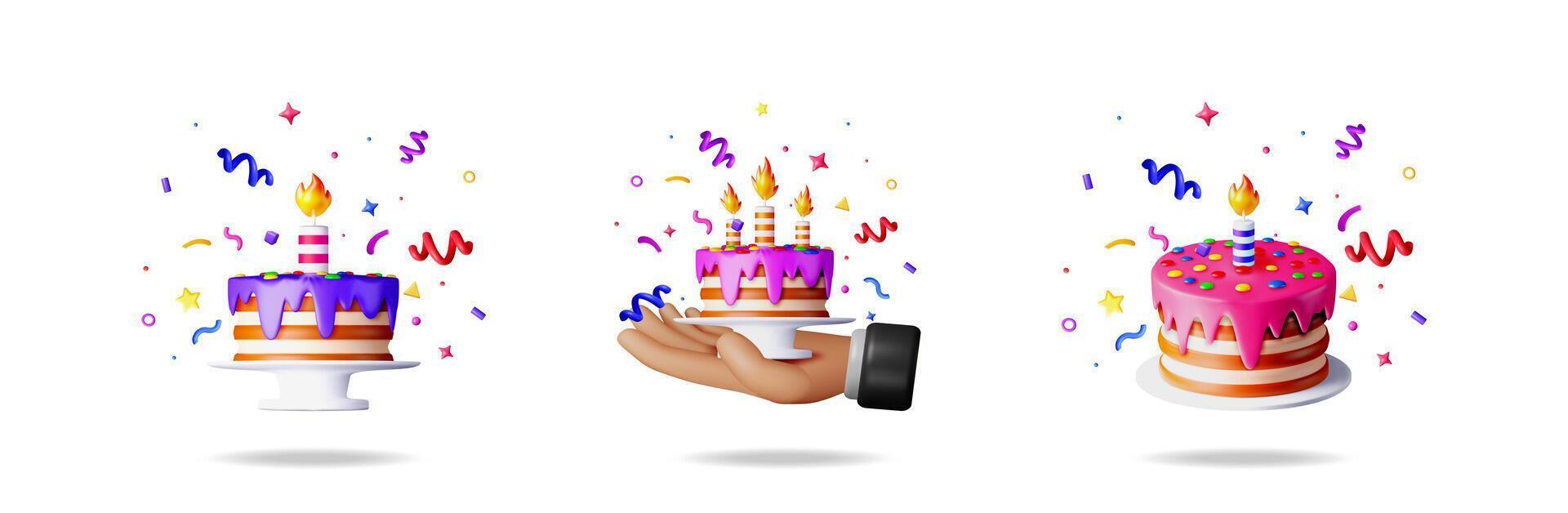 Set of birthday cake items with confetti for celebration. Sweet dessert with candle for party and event concept. For greeting card, banner, poster. vector
