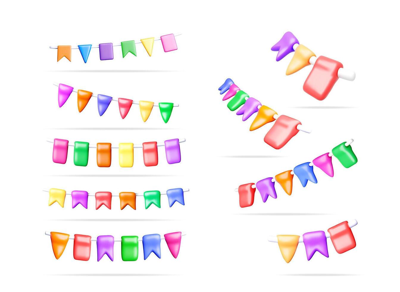 Set collection of 3D colorful bunting flags and garland banners. Festive decoration element for celebration, party, or birthday. vector
