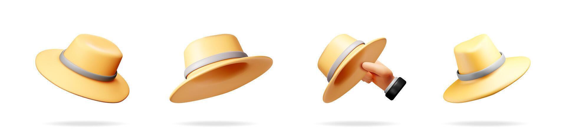 Collection of 3d detective hat illustrations floating in the air. Investigation, mystery, and espionage concept for digital marketing and web design. vector
