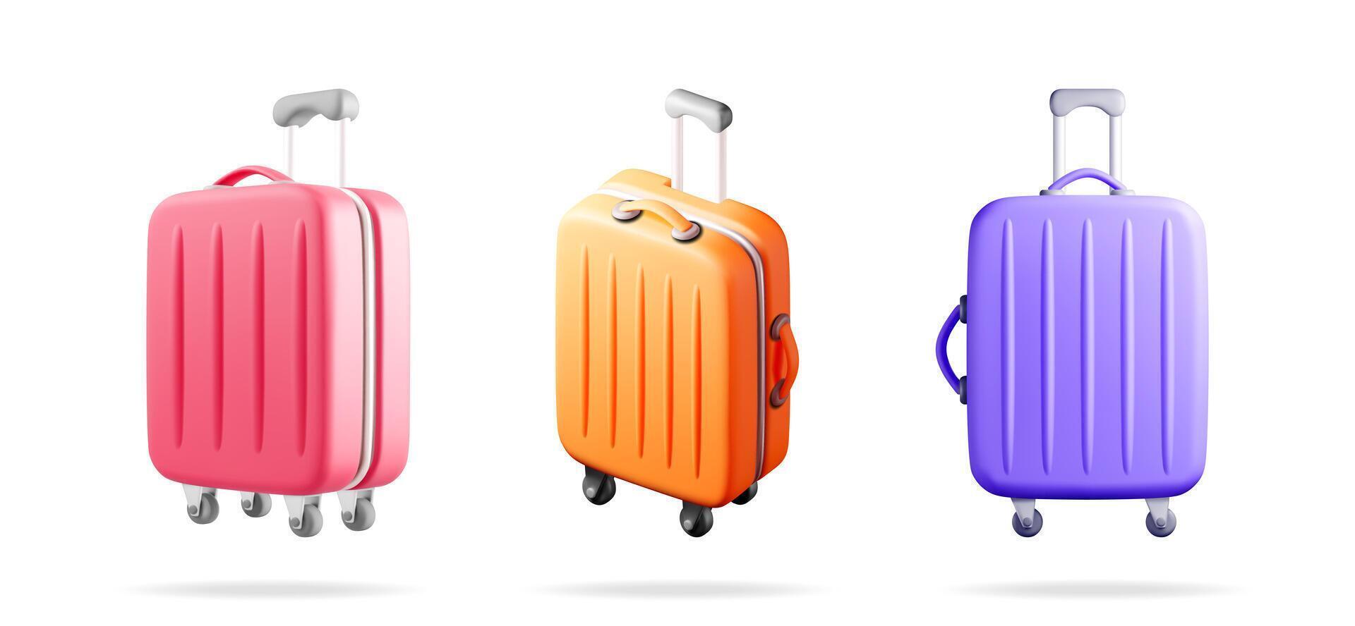 Three colorful travel luggage suitcases standing set. Summer travel and vacation concept. 3d stock illustration collection for tourism. vector
