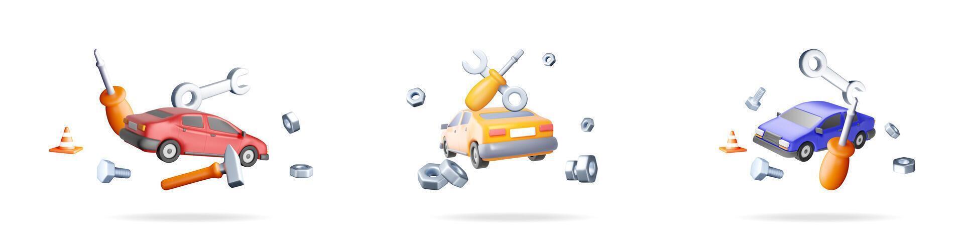 Car repair service concept set in 3D. Auto maintenance for fix. Car fixing and breakdown assistance. Modern car mechanic shop. vector