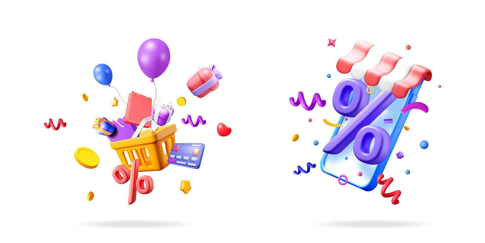 Shopping cart with gifts and credit card, smartphone with percentage sign for online sale and promotion offer. vector