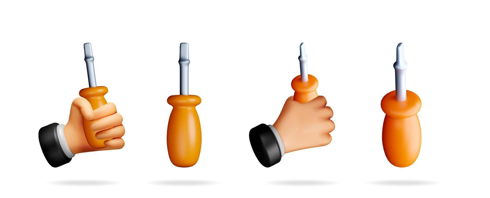Man's hand holding a flathead screwdriver in a 3d cartoon style, isolated on a white background, repair tool concept. vector