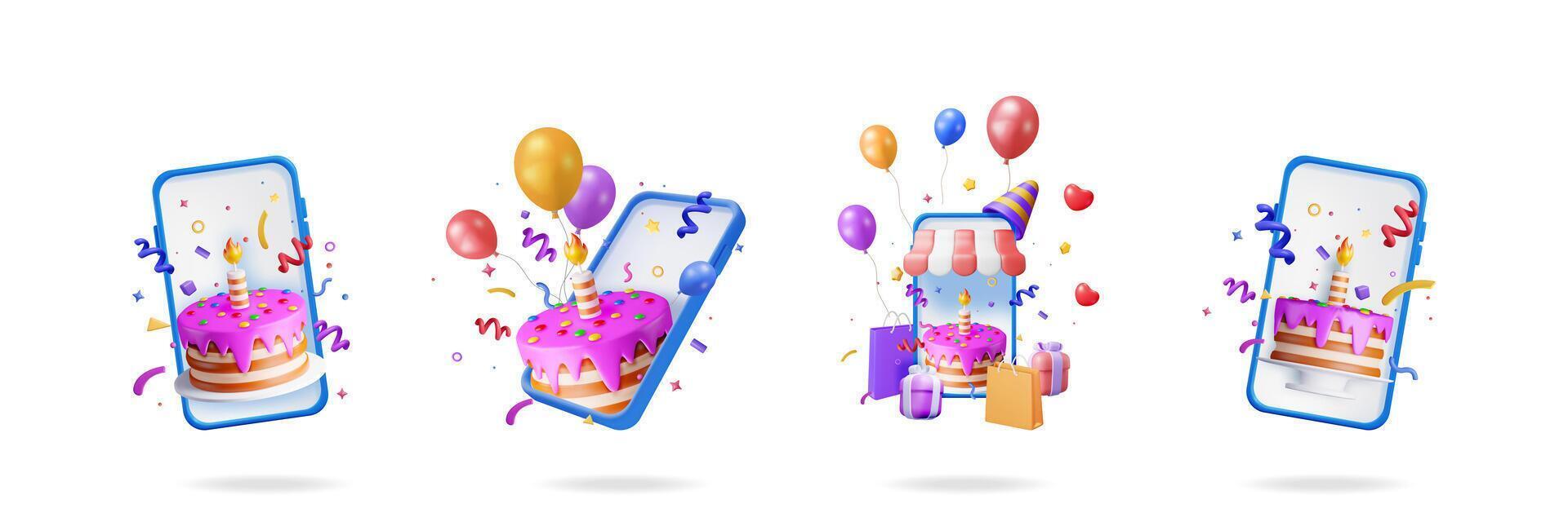 Birthday cake with candle on smartphone screen. Online party invitation and celebration with festive elements. Online shopping concept. vector