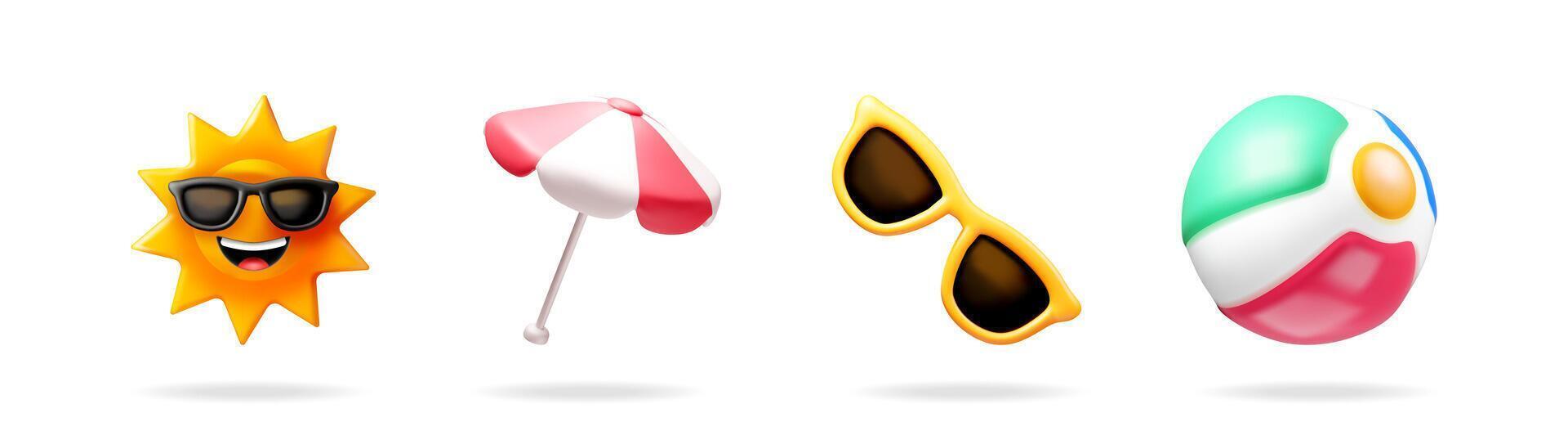 3D illustration set of summer vacation items including a smiling sun with sunglasses, beach umbrella, shades, and beach ball for holiday concept. vector