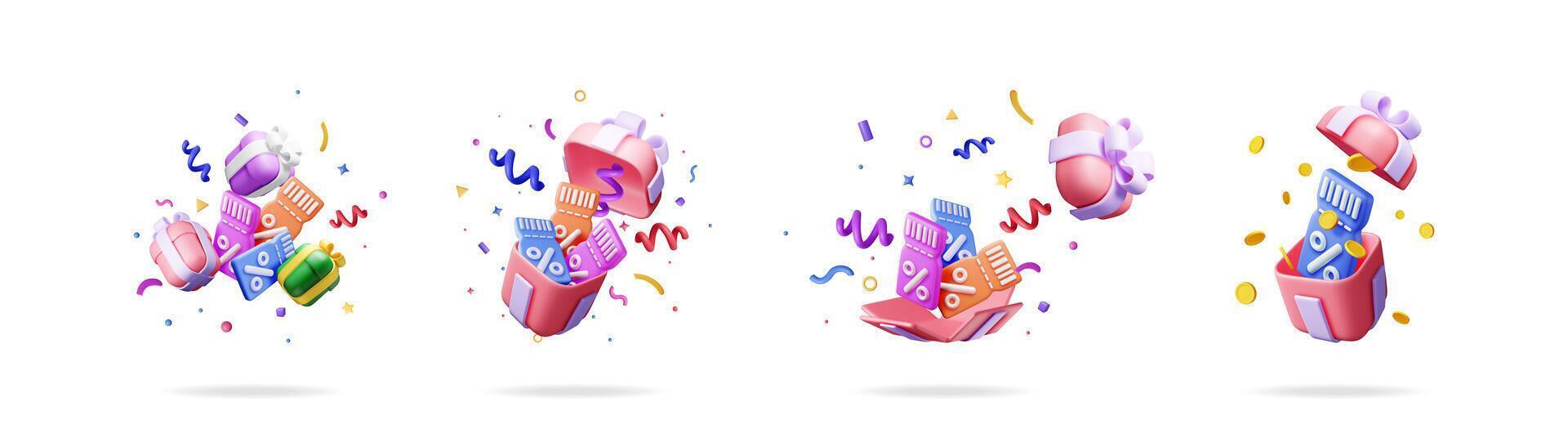 3D illustration set of gift box with discount coupon jumping out of a box. Sales, bonus, and surprising rewards concept. vector