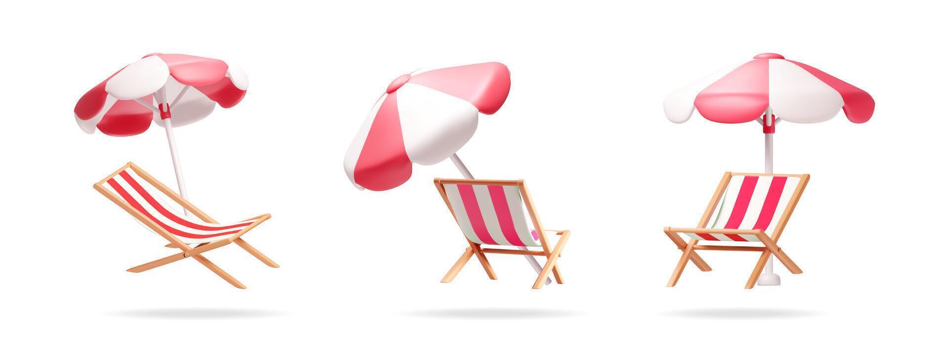 Three 3d beach chairs with red and white striped umbrella from different angles isolated on white background. Summertive vacation illustration. vector