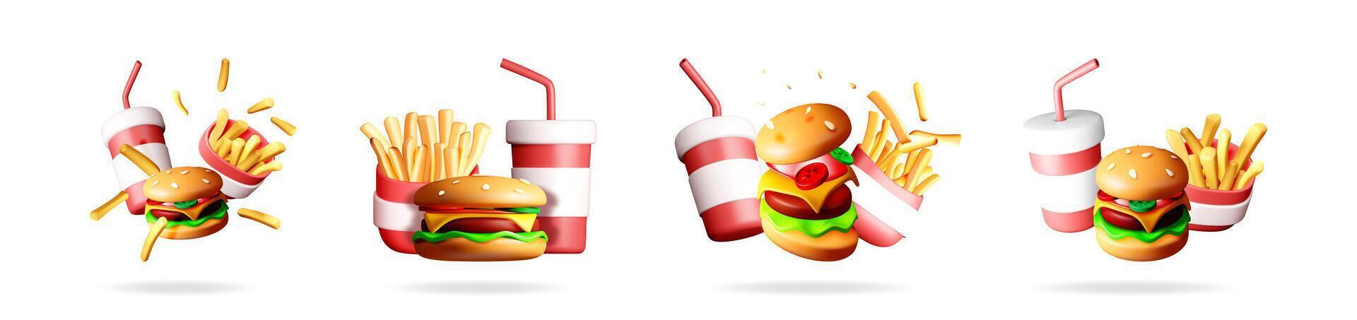 3D fast food menu set with burger, soda cup, and french fries. Cafe or restaurant advertising for street food. vector
