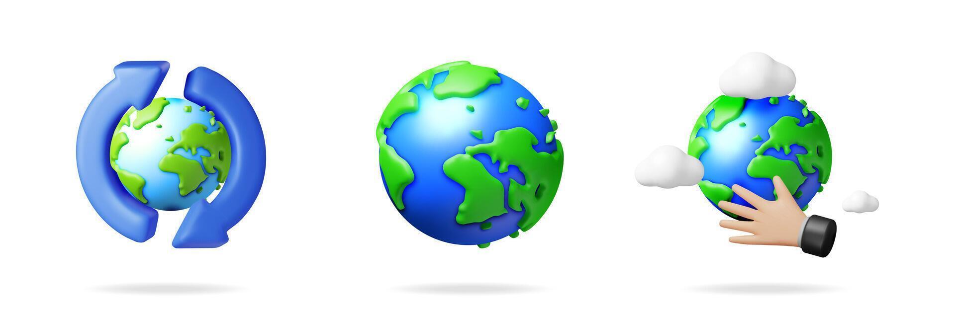 Set of 3D globe icons, one with recycling arrows, one plain earth, and one with a hand and clouds, for environmental concepts. vector