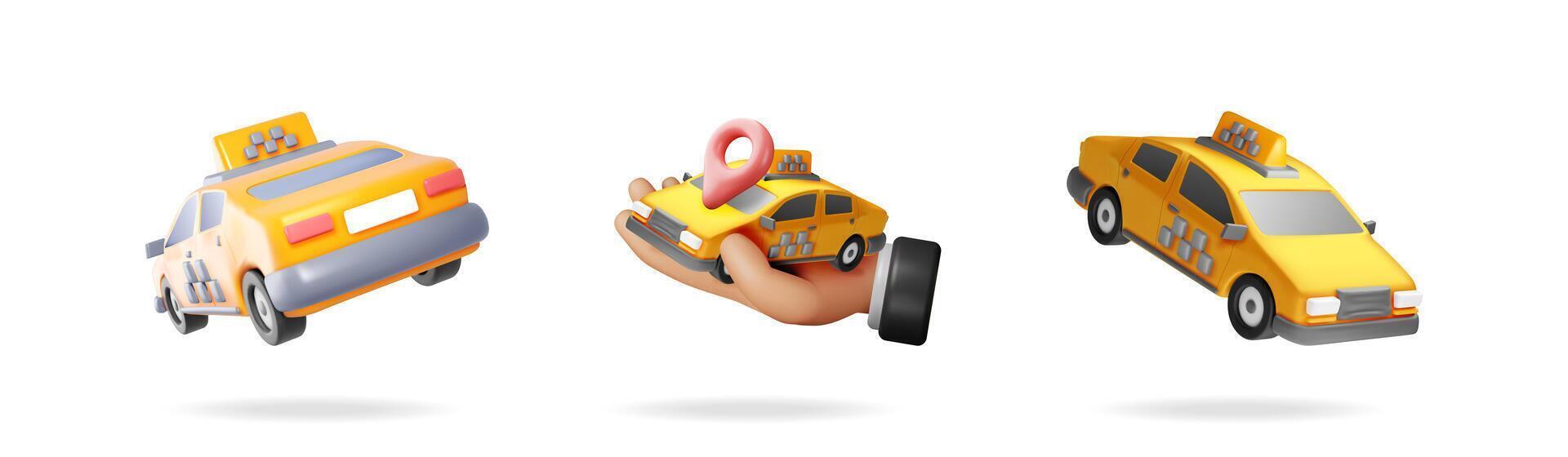 Yellow taxi car set with hand holding a taxi with a location map pin concept. Online transport booking business. vector