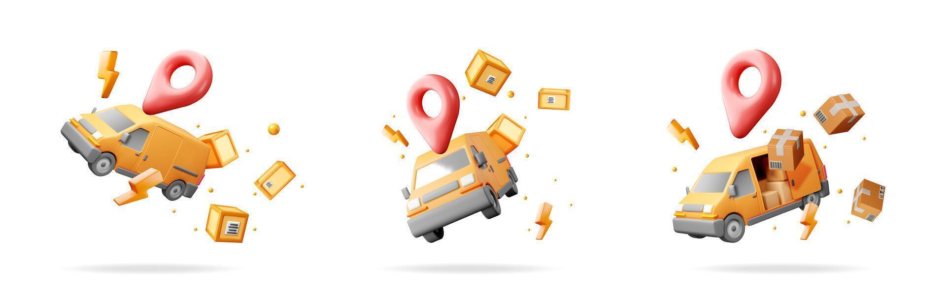 Three 3d illustrations of delivery vans, address pin and flying packages. Fast shipping concept set for commerce. vector