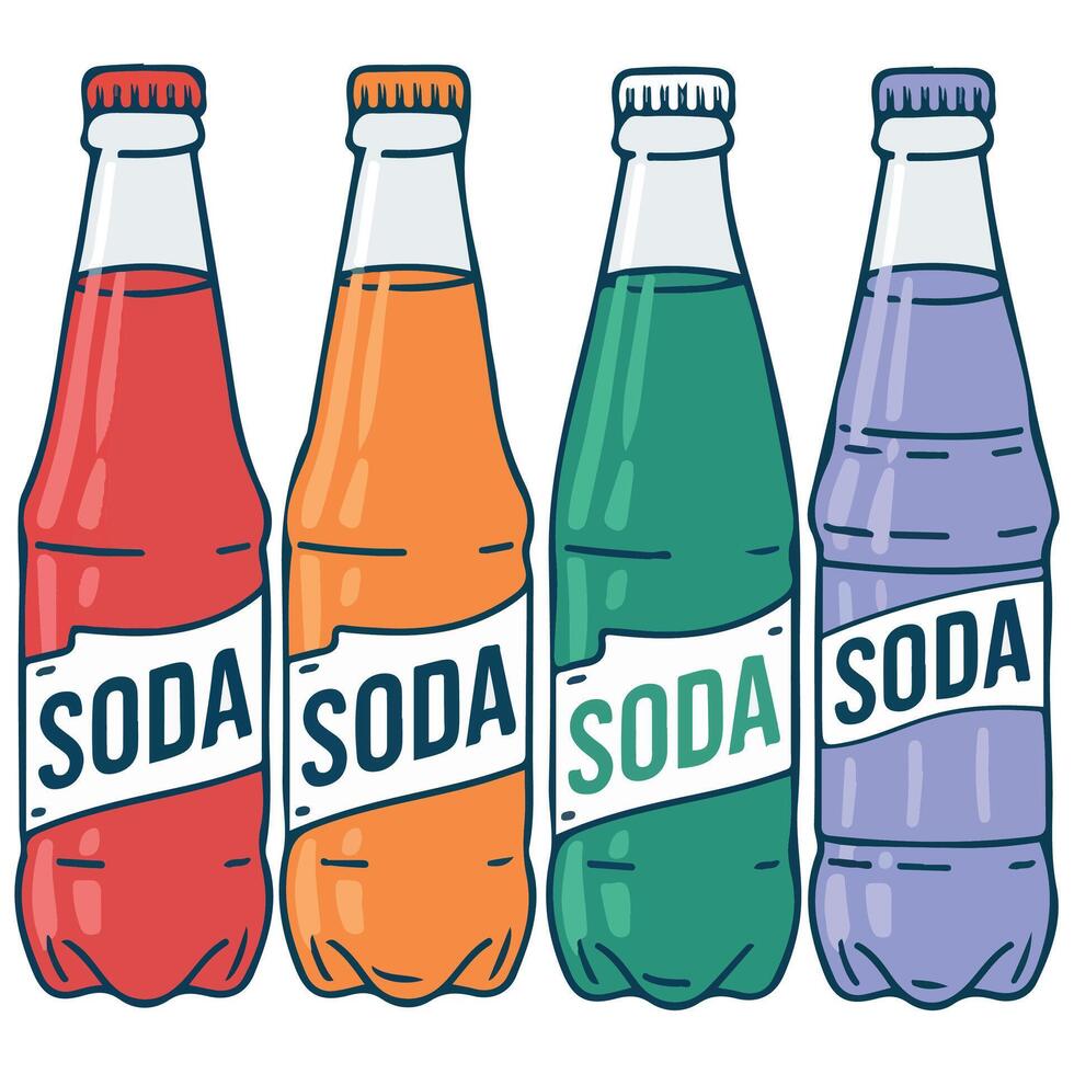 colorful carbonated beverages in labeled bottles isolated illustration on white background vector