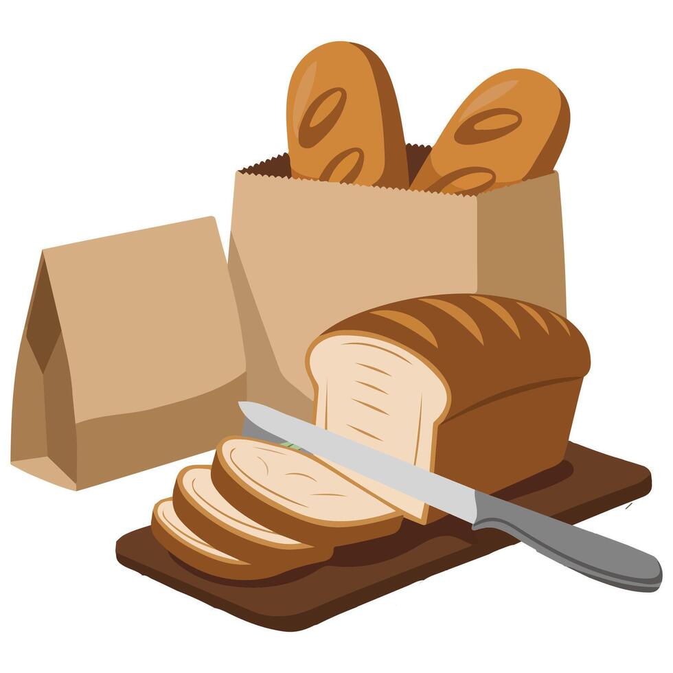 freshly sliced baguette on wooden board with paper bags isolated illustration vector