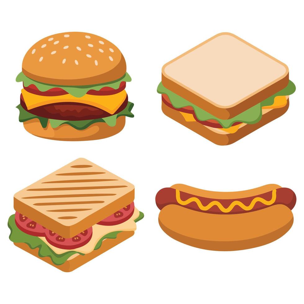 tasty hamburger and sandwich illustration isolated on white background vector