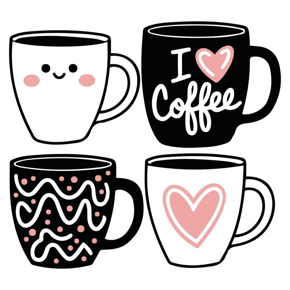 set of cartoon coffee mugs isolated illustration on white background vector