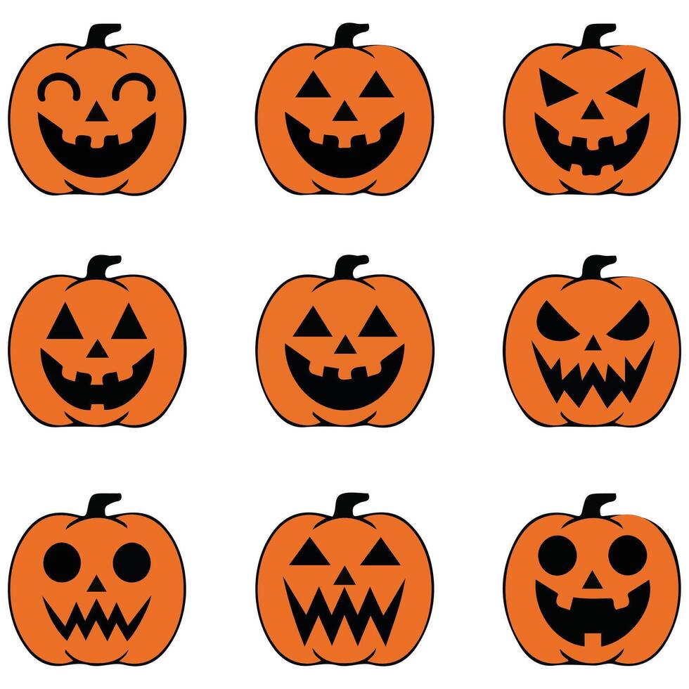 funny halloween stickers with orange faces isolated illustration on white background vector